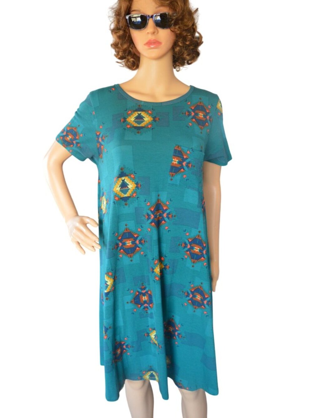 LuLaRoe Teal Green Tribal Print Carly Swing Shirt Dress Women Size Small Boho
